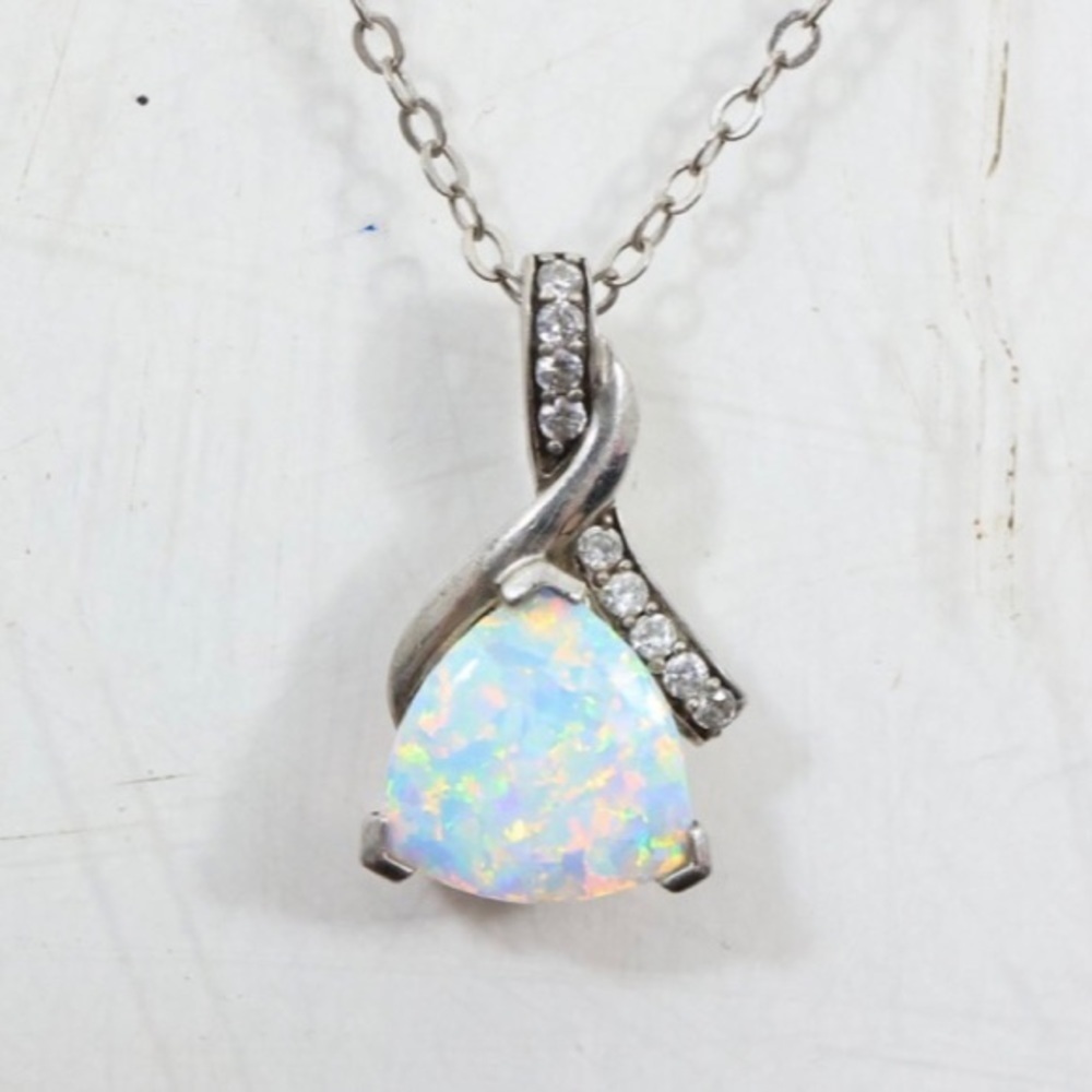 Vintage Sterling Silver Opal and CZ Pendant on‎ .925 Sterling Chain 18 in.
